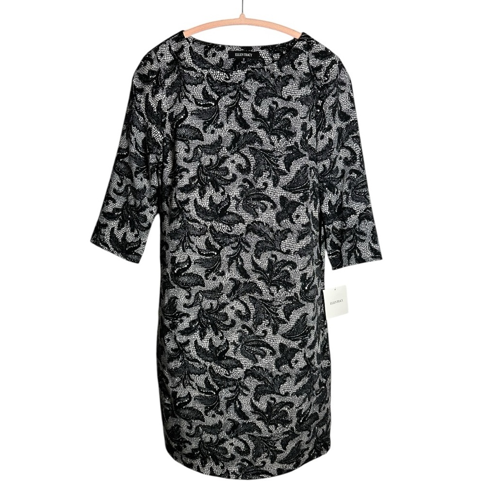 Ellen Tracy Black & White Floral Lace Print 3/4 Sleeve Dress Size 2 NWT